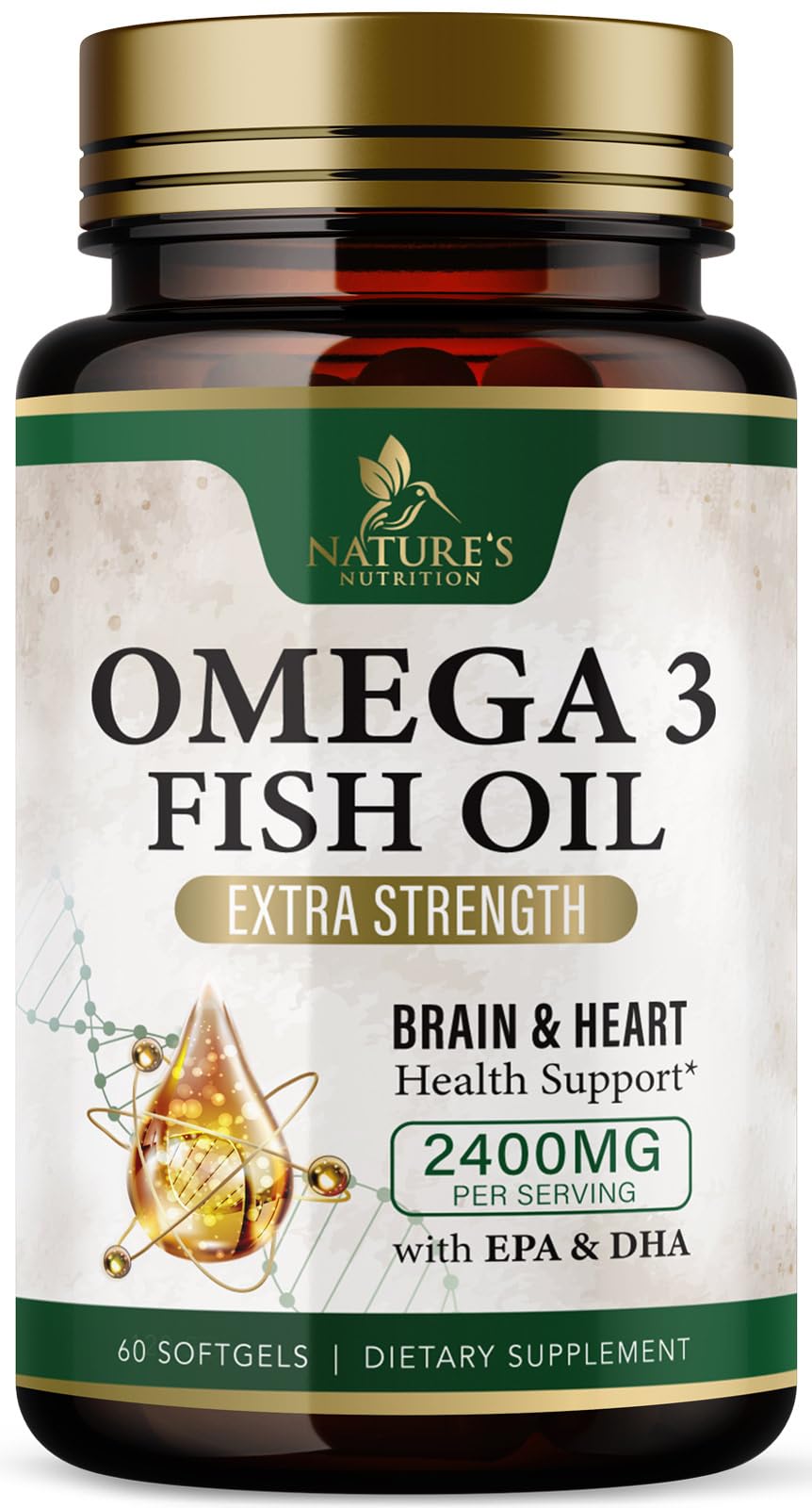 Bottle of Omega-3 fish oil 2400 mg softgels with lemon flavor