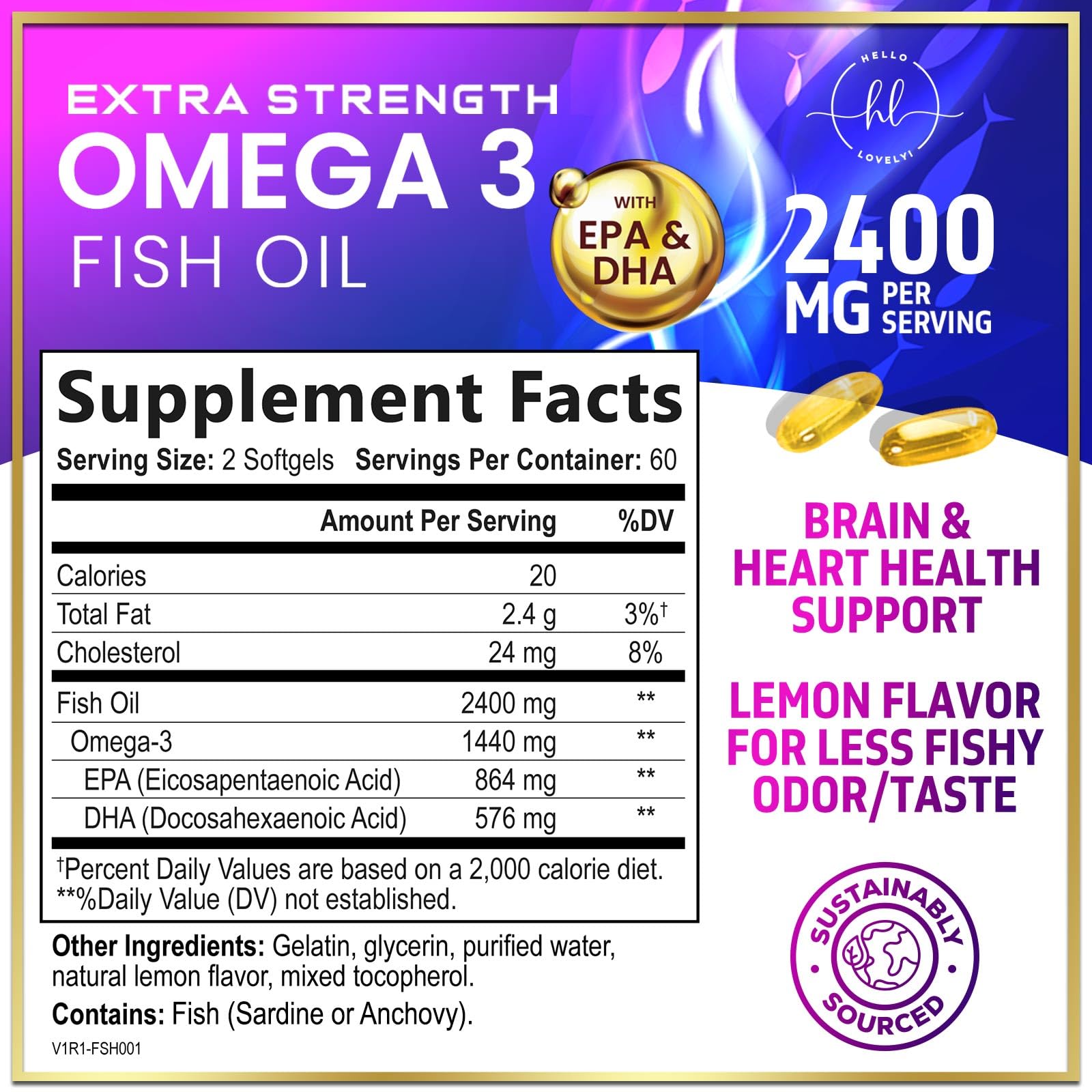Product shot of Omega-3 Fish Oil 2400mg packaging