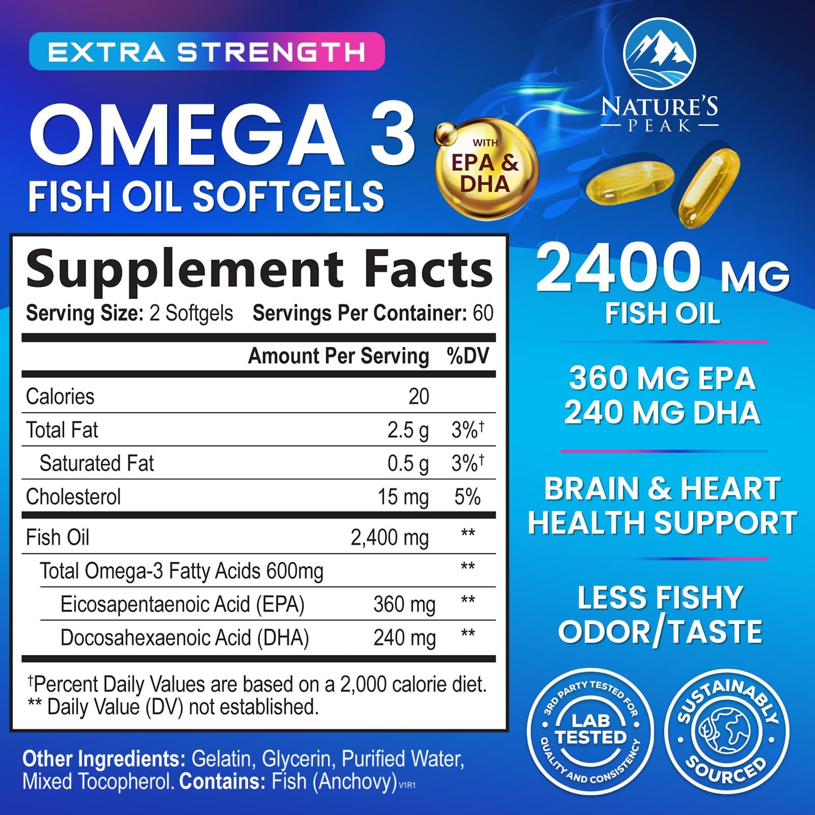 Bottle of Nature's Peak Omega-3 Fish Oil 2400 mg softgels