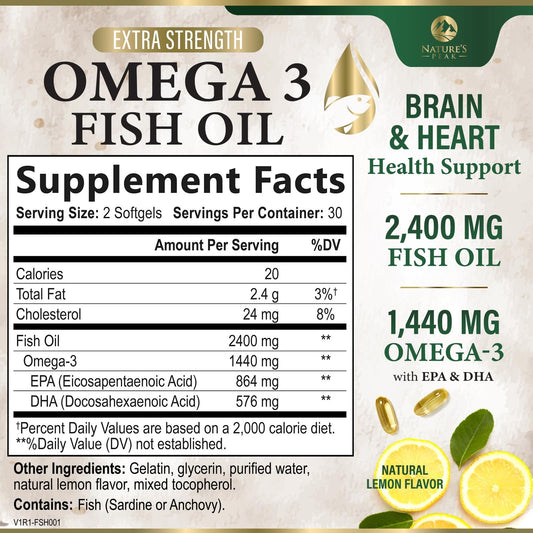 Omega 3 fish oil bottle back label displaying supplement facts