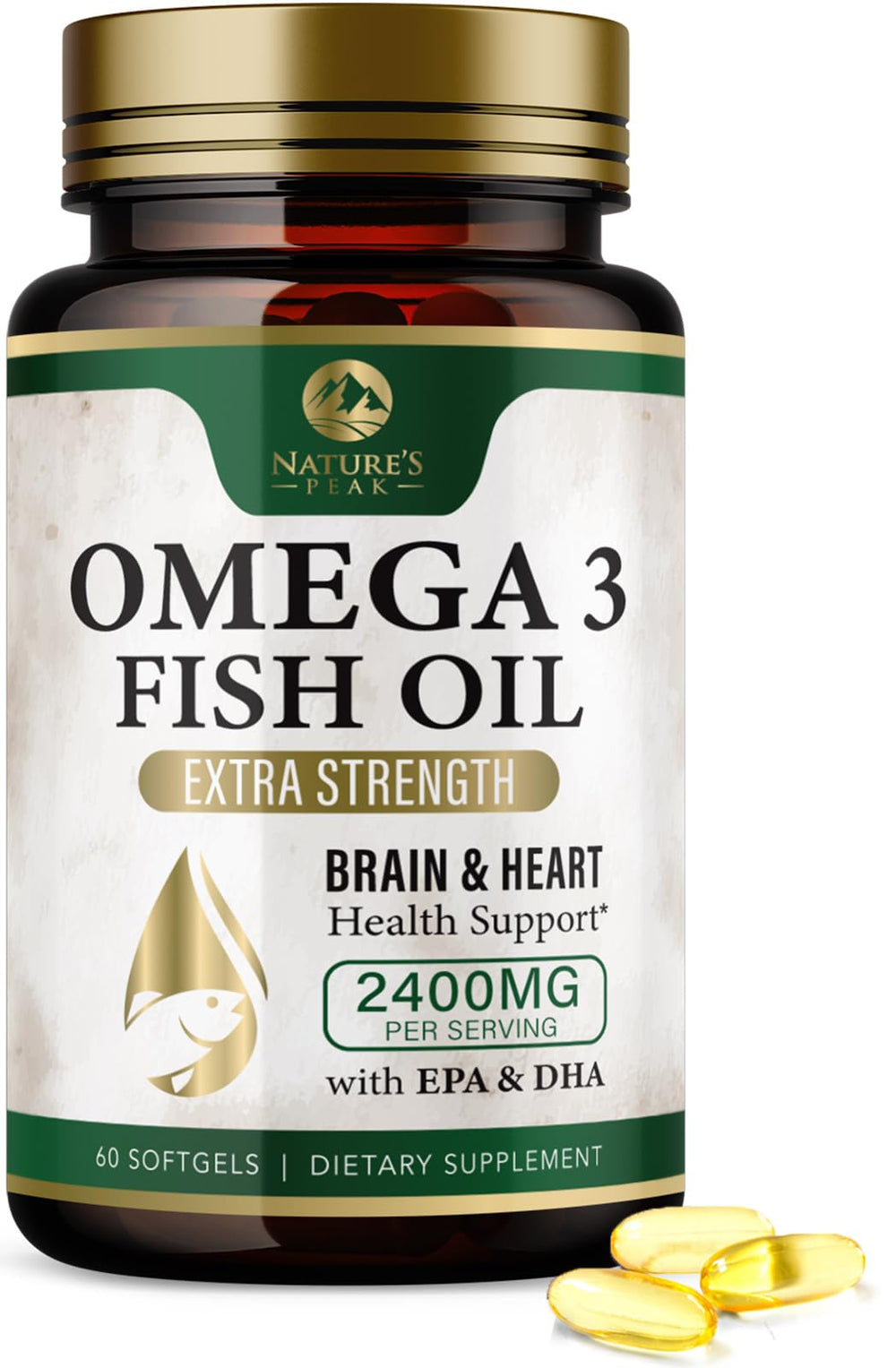 Omega 3 fish oil bottle front view with 60 softgels