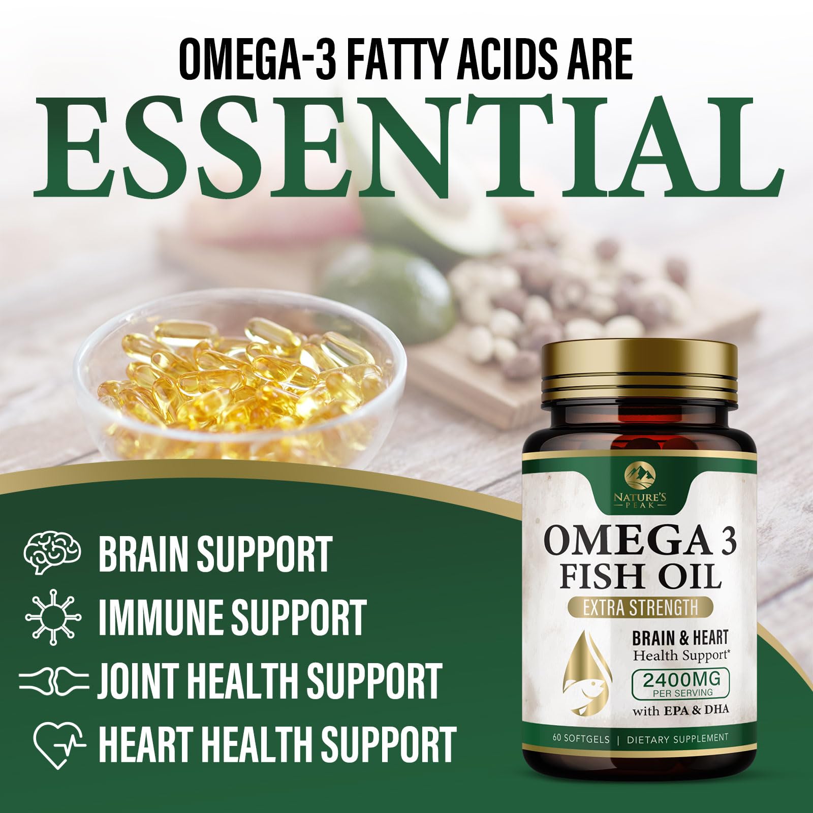 Ingredients and quality claims on Omega 3 bottle