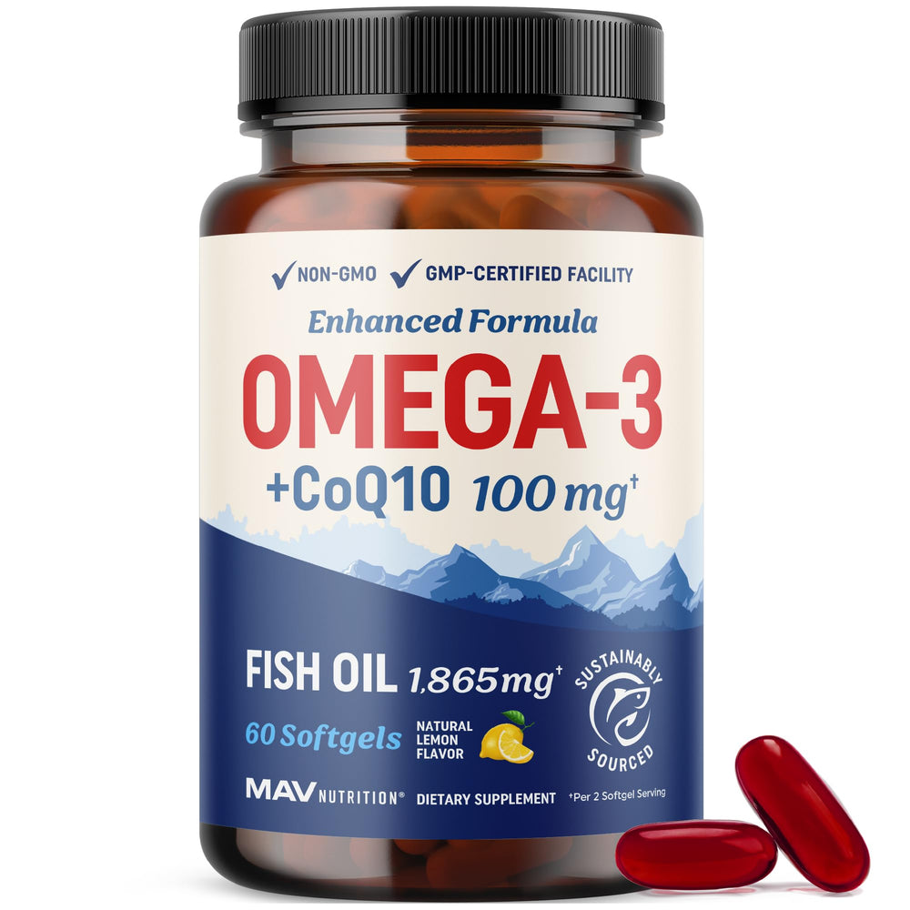 Bottle of Omega-3 Fish Oil + CoQ10 with 60 capsules
