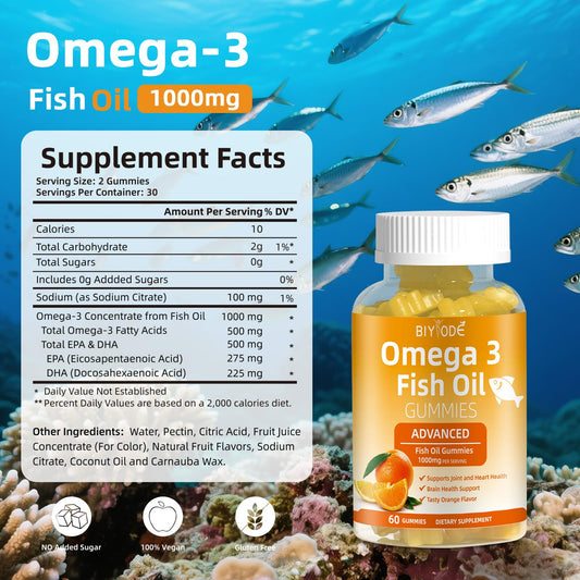 Close-up of orange Omega-3 gummies stacked together