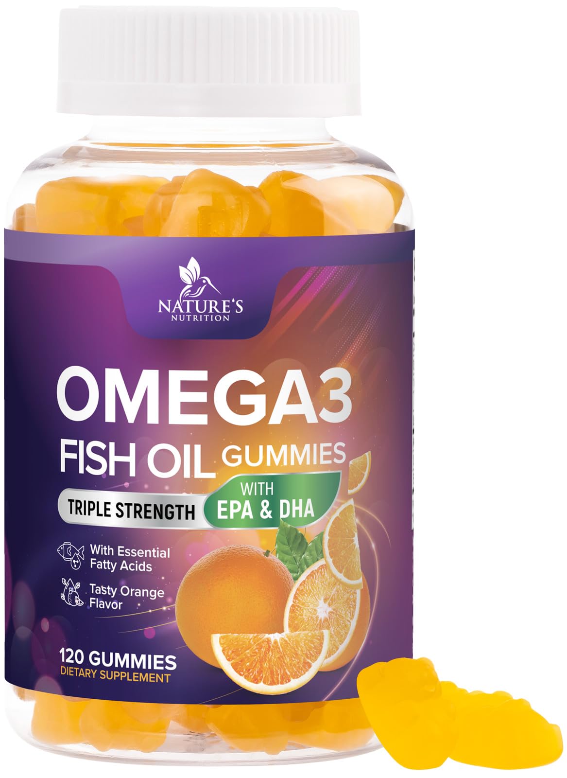 Bottle of Omega 3 Fish Oil Gummies with orange flavor, 120-count