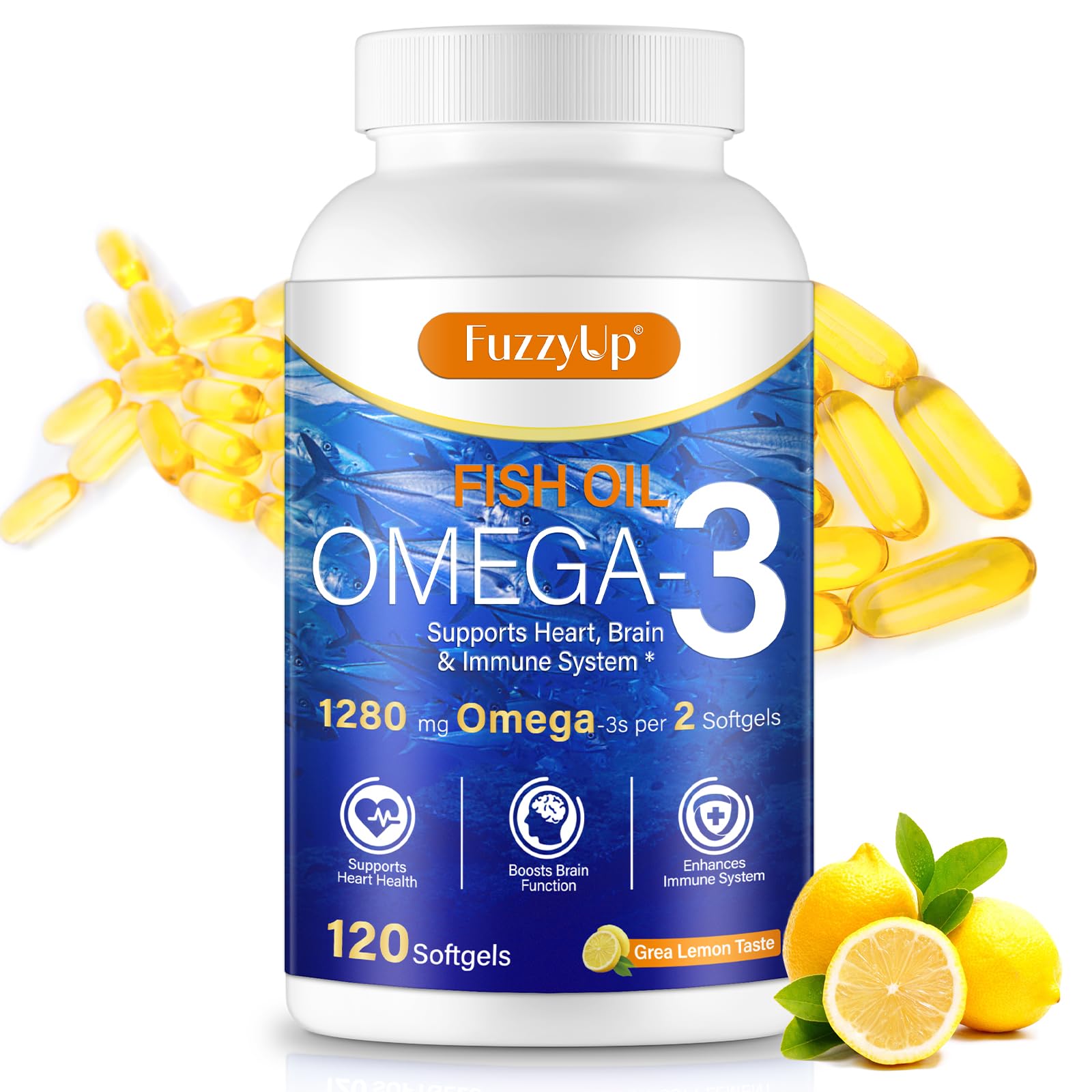 Omega-3 fish oil bottle with lemon flavor