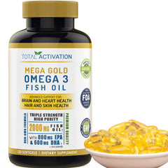 Bottle of Omega-3 fish oil supplement with 2000mg EPA/DHA and Vitamin E