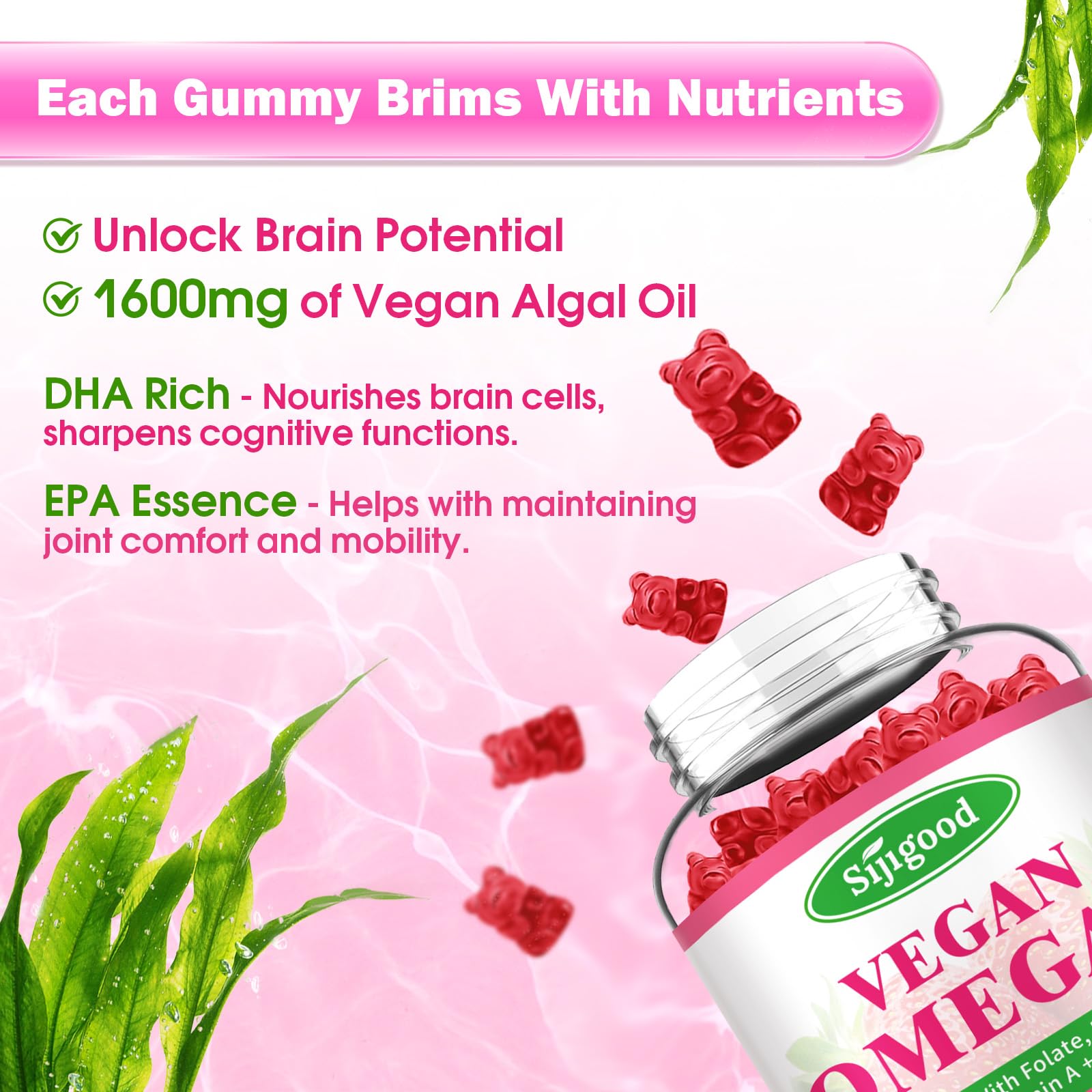 Close-up of vegan algae-based omega-3 gummies