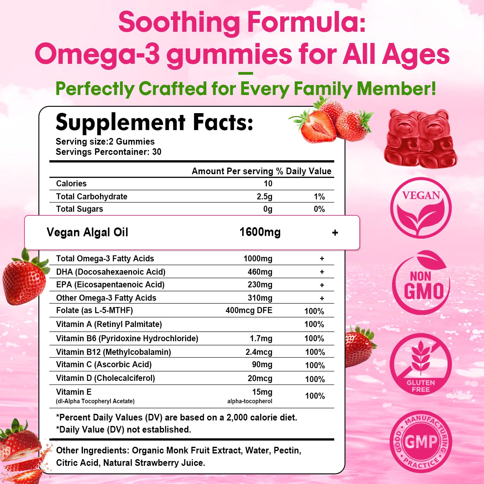 Strawberry-flavored, sugar-free omega-3 gummy close-up