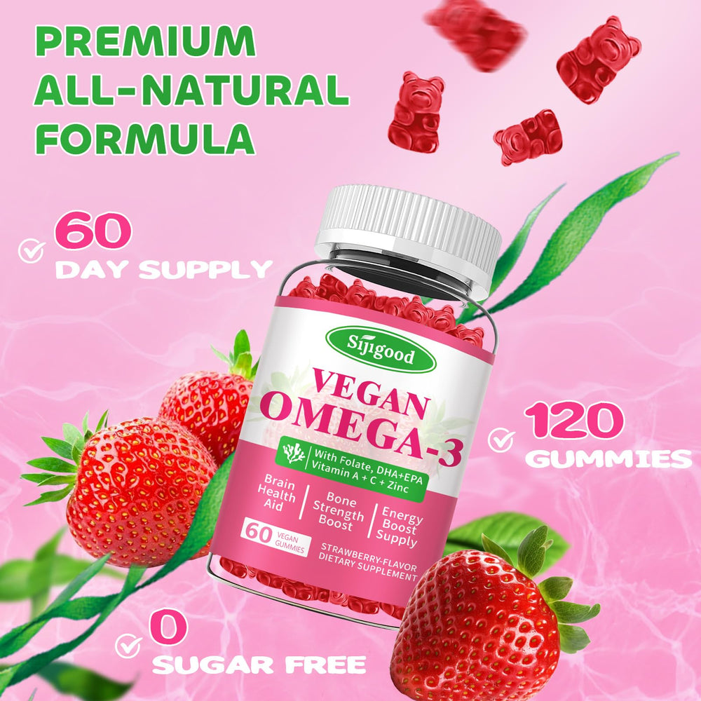 Sealed bottle of 120 algae-based omega-3 gummies