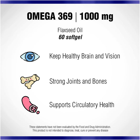 Product label showing Omega 3-6-9 flaxseed oil details