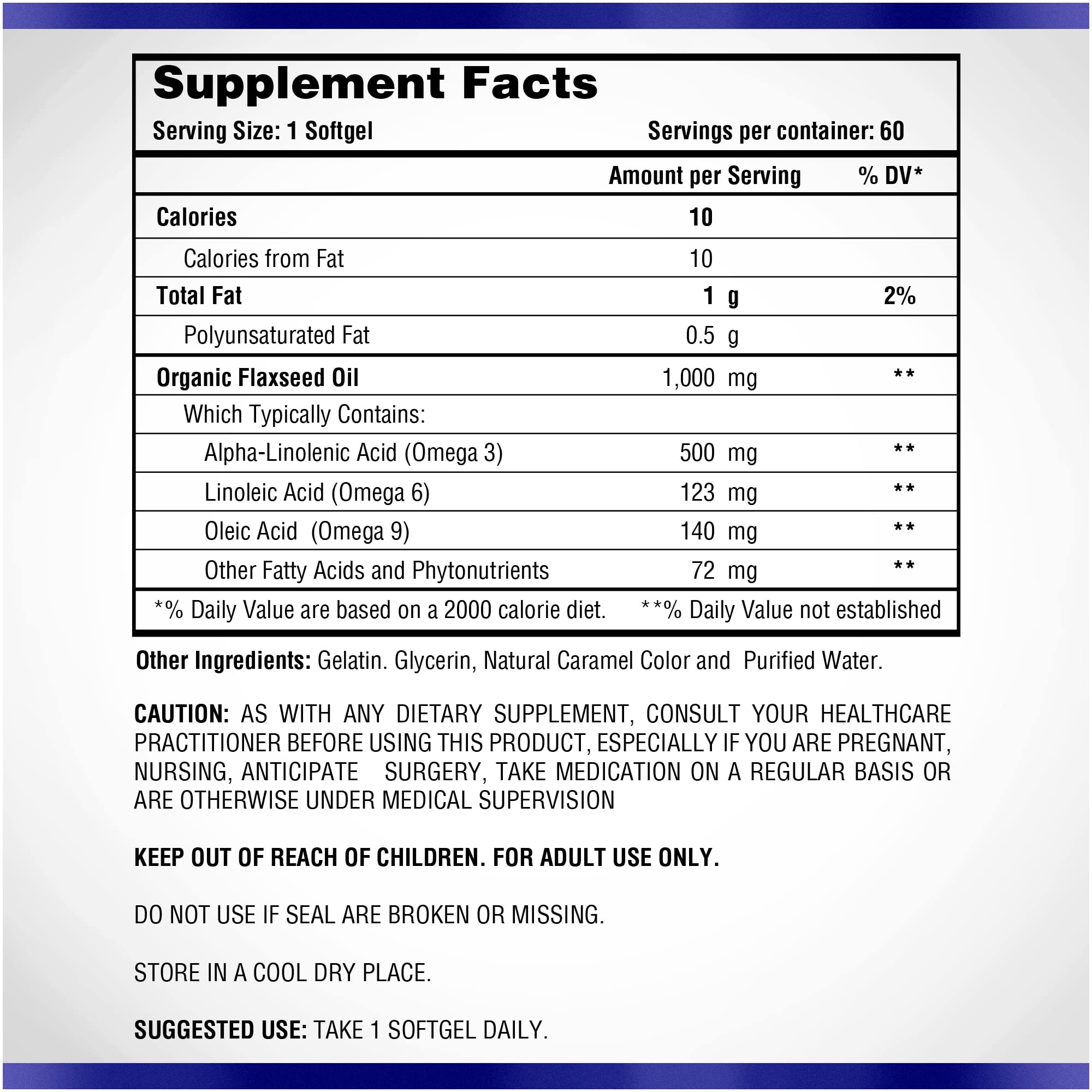 Nutrition facts panel for Omega 369 flaxseed oil softgels