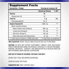 Nutrition facts panel for Omega 369 flaxseed oil softgels
