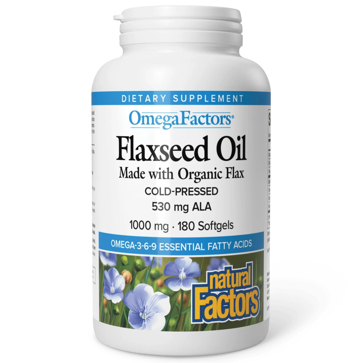 Bottle of Omega Factors Flaxseed Oil by Natural Factors with label