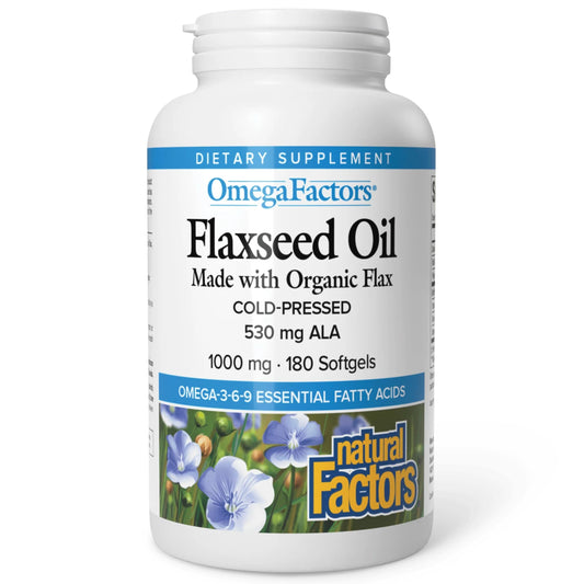 Bottle of Omega Factors Flaxseed Oil by Natural Factors with label