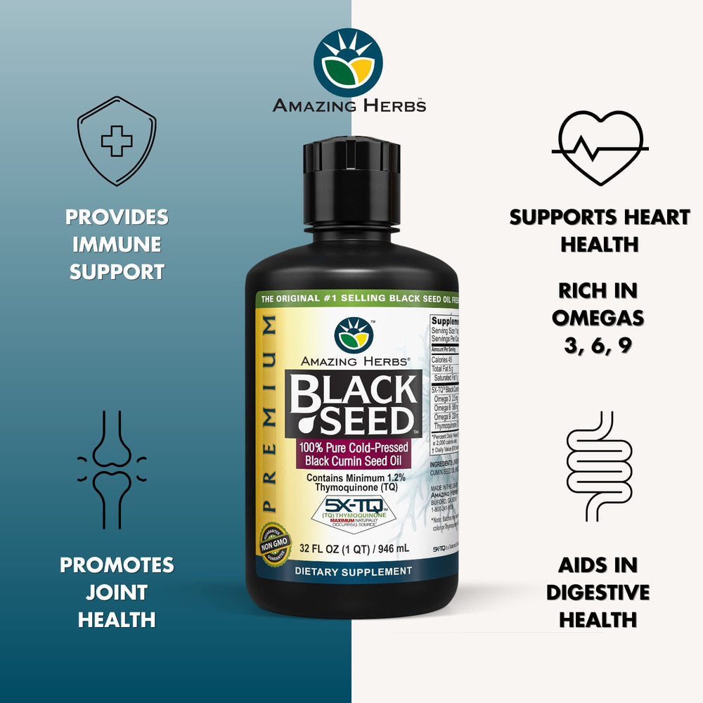 Bottle label highlighting omega fatty acids and thymoquinone