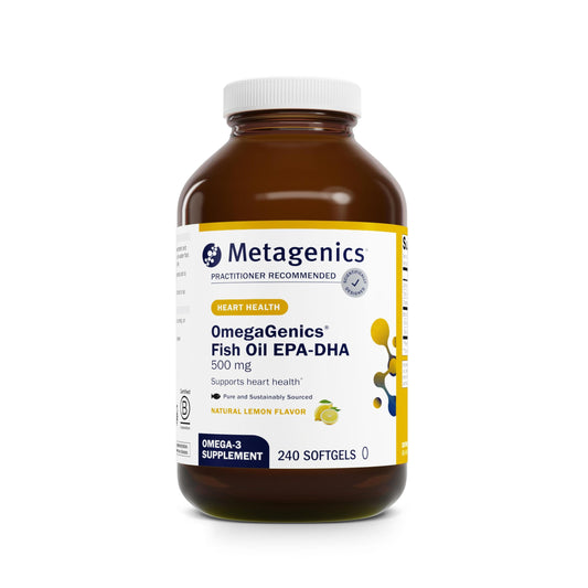 Front view of Metagenics OmegaGenics EPA-DHA 500 bottle