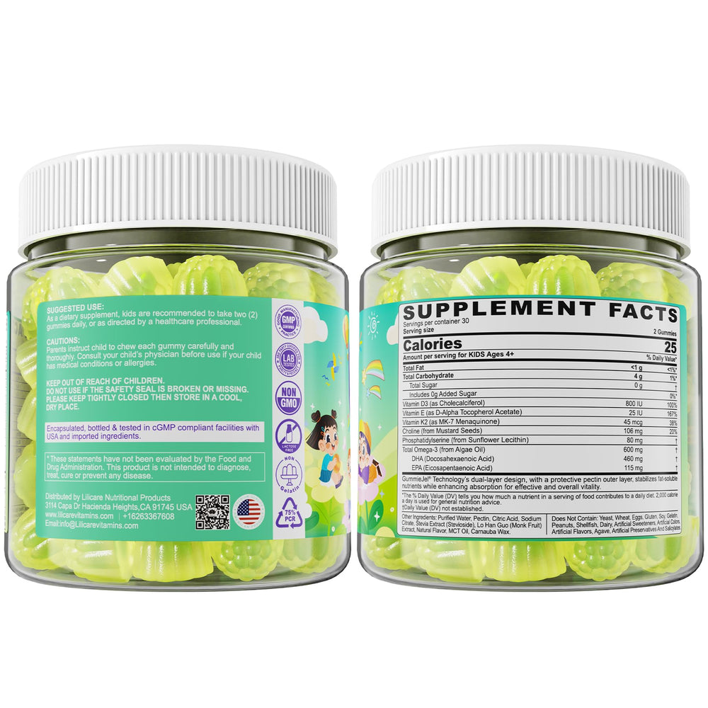 Front and back packaging of Omega-3 for Kids 4+ gummies