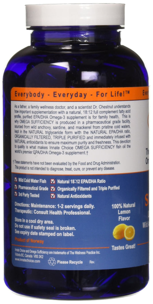 Front view of Omega Sufficiency Lemon 240 Capsules bottle with label