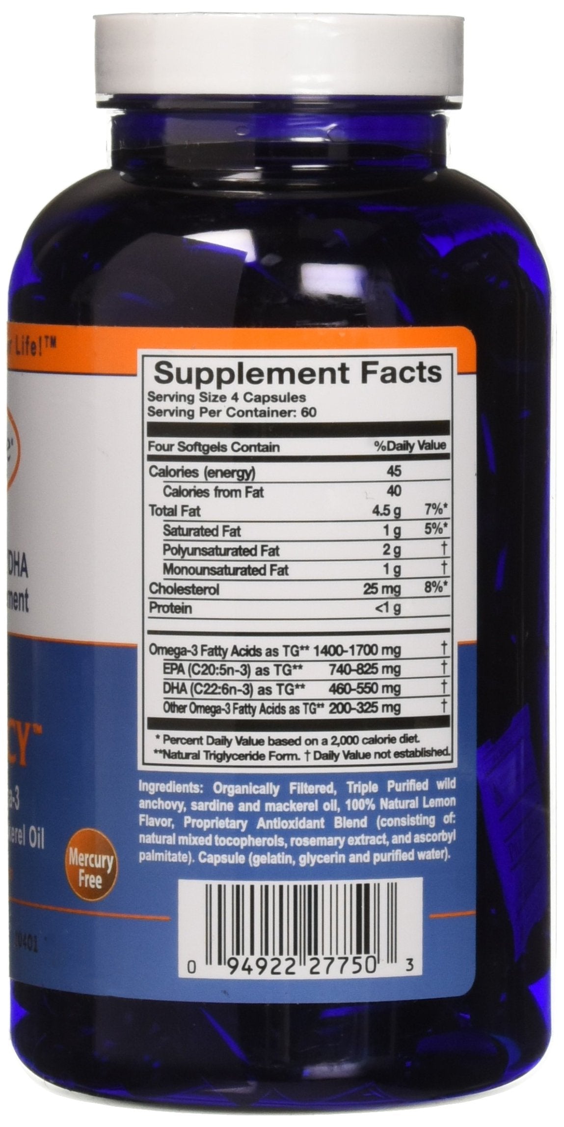 Close-up of lemon-flavored Omega-3 capsules label