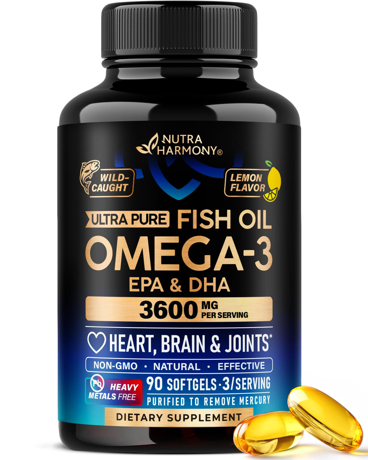 Front view of Omega 3 Fish Oil 3600 mg bottle with 90 softgels