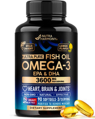Front view of Omega 3 Fish Oil 3600 mg bottle with 90 softgels