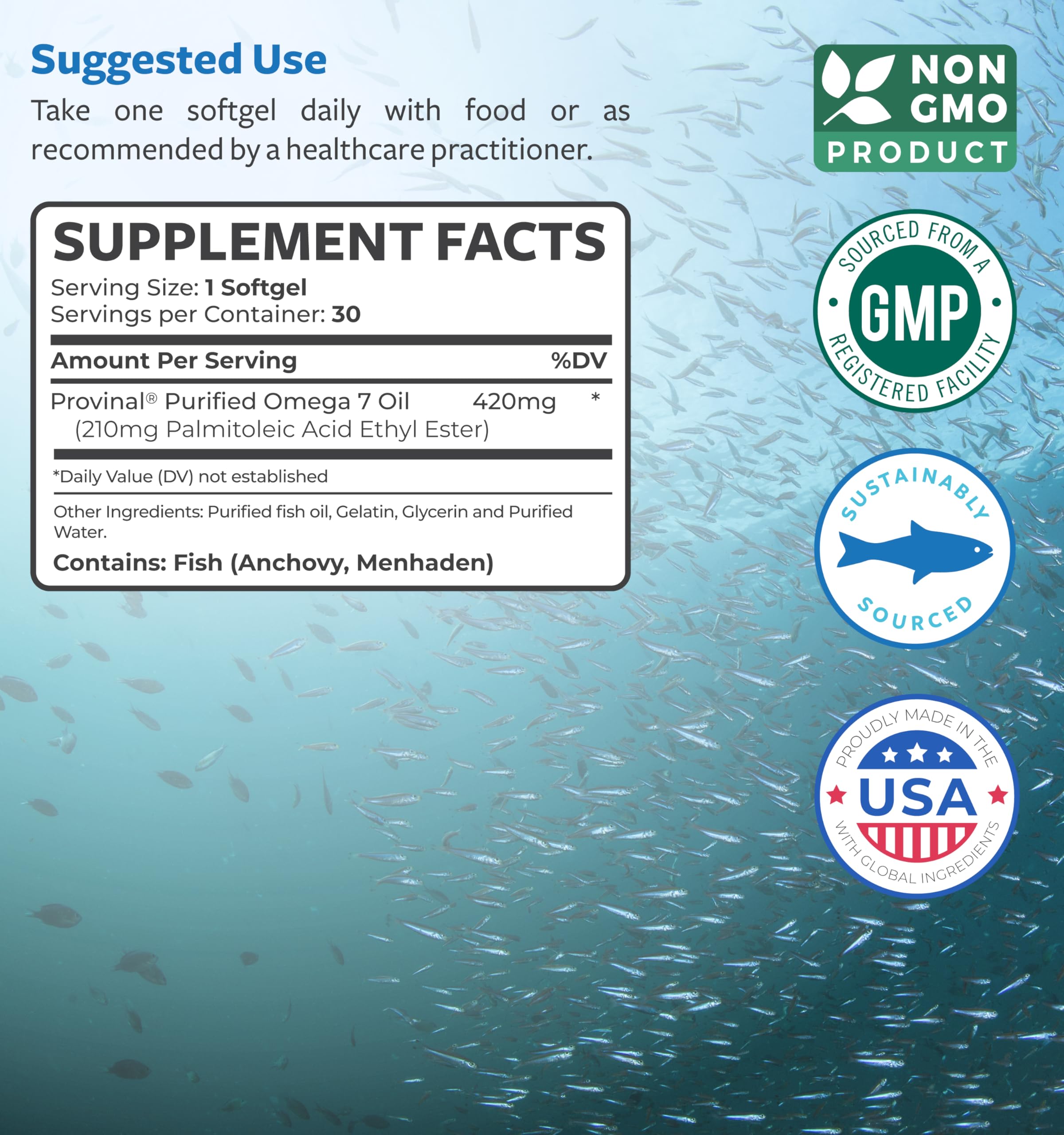 Provinal Omega 7 packaging showing non-GMO and dairy-free notes