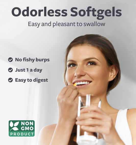 Close-up of Omega 7 softgel capsules