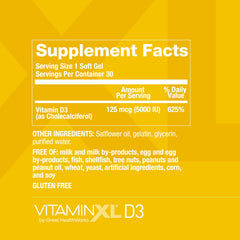 Back label with dosage information for OmegaXL VitaminXL D3 5000 IU softgel