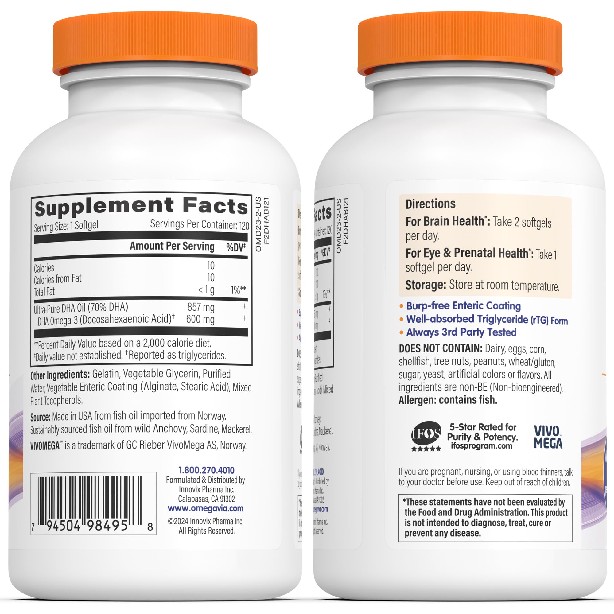 OmegaVia burpless DHA softgels shown in clear bottle.