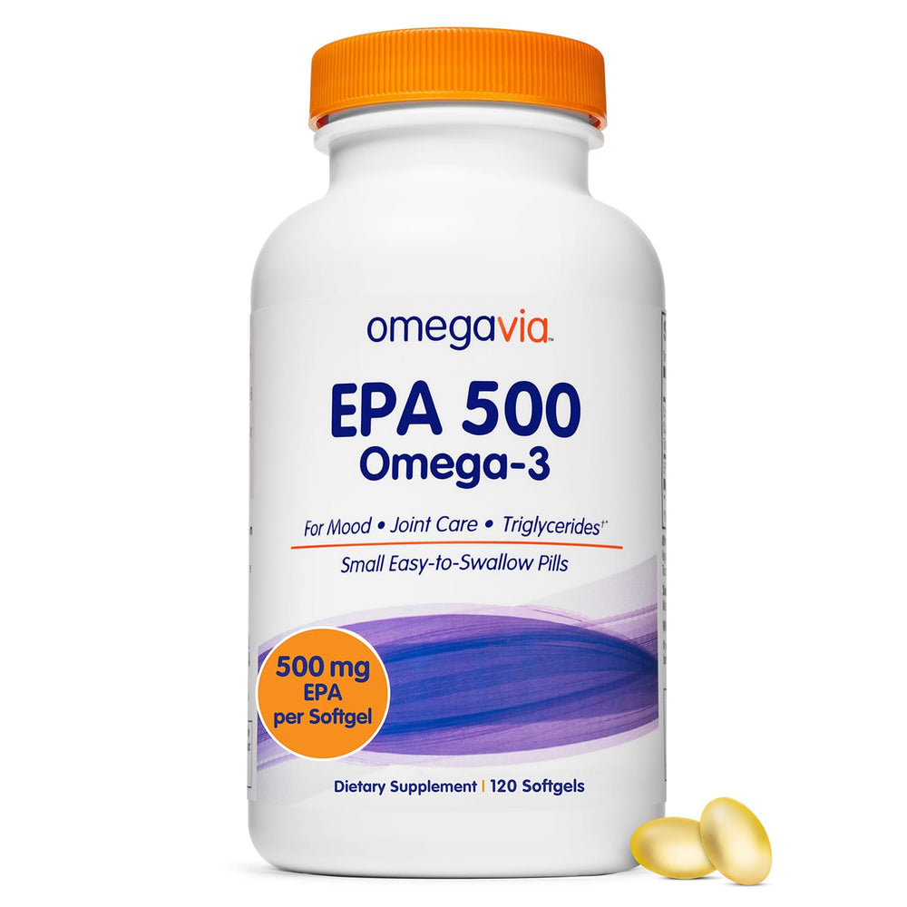 OmegaVia EPA 500 bottle shows burpless enteric-coated capsules for easy daily use