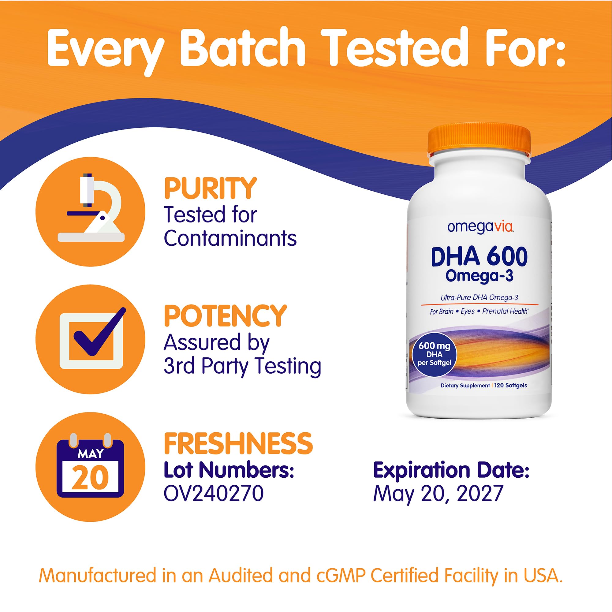 OmegaVia prenatal DHA 600 mg bottle designed for pregnancy.