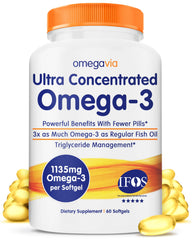 OmegaVia Ultra-Concentrated Omega3 Bottle shows convenient burpless softgel packaging for daily wellness