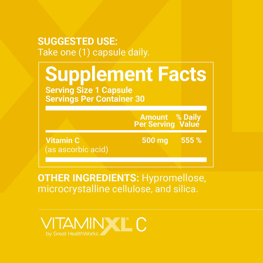 Front view of VitaminXL Vitamin C bottle packaging