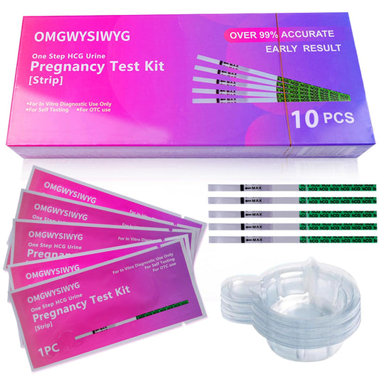 Front view of 10-pack OMGWYSIWYG pregnancy test strips