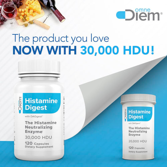 Close-up of OmneDiem Histamine Digest DAO bottle label showing 30,000 HDU