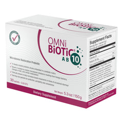 OMNi BiOTiC AB 10 label emphasizes vegan, hypoallergenic, non-GMO formulation.