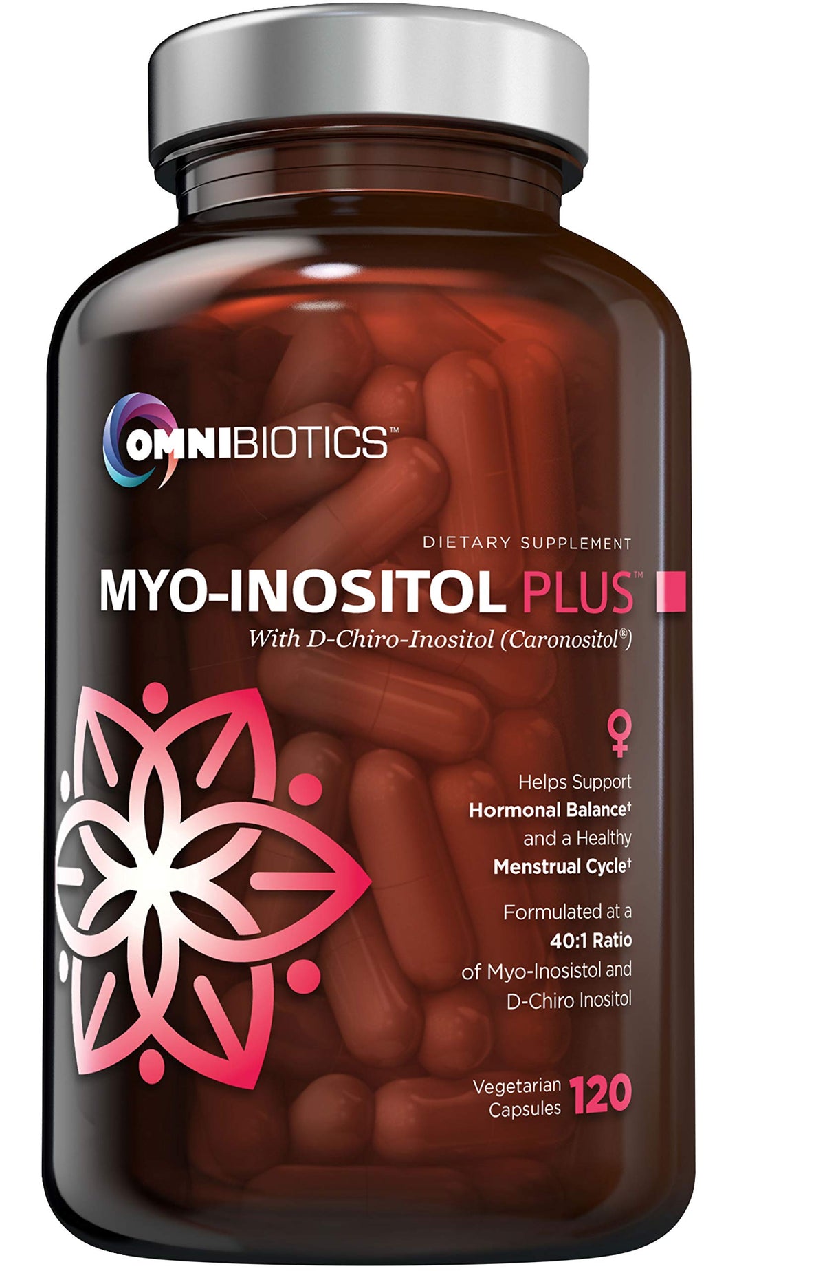 Front view of OmniBiotics Myo-Inositol & D-Chiro-Inositol bottle with 120 vegan capsules