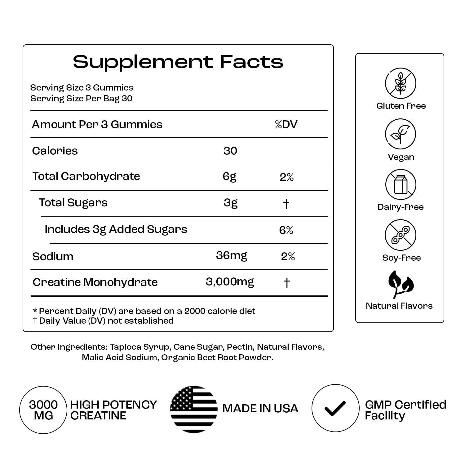 OMNI Creatine Gummies ingredients label showing 1g per gummy