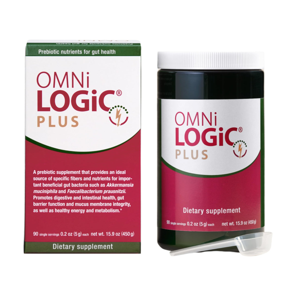 Omni-Logic Plus Prebiotic label denoting non-GMO daily fiber supplement, 90 servings