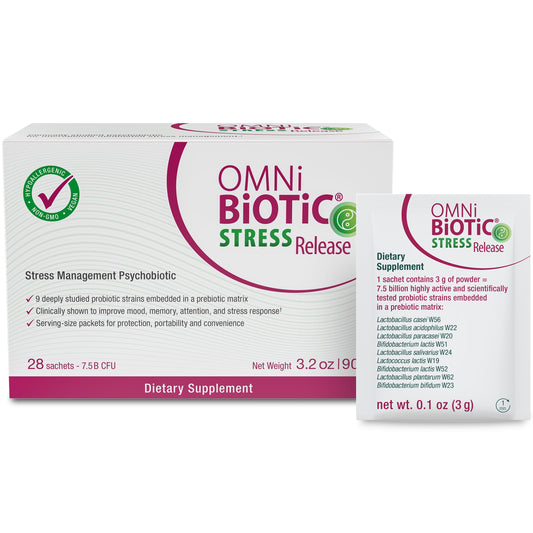 Front view of OMNi BiOTiC Stress Release bottle and label