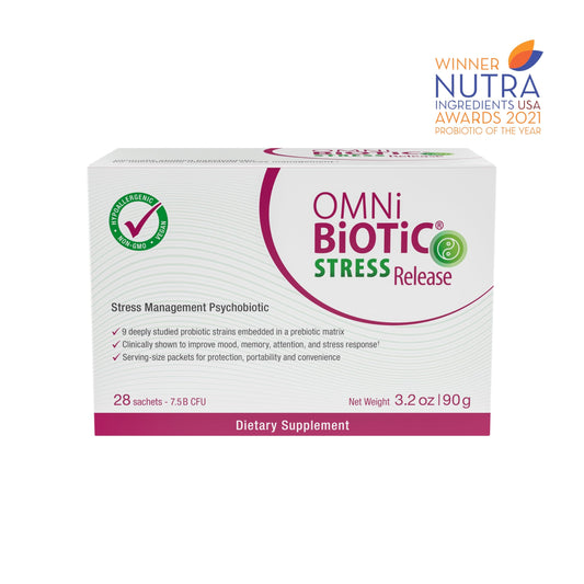 Close-up of OMNi BiOTiC Stress Release packaging