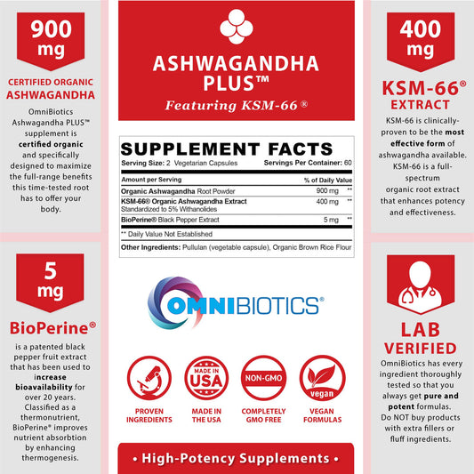 Label showing 900mg organic root powder and 400mg KSM-66 extract