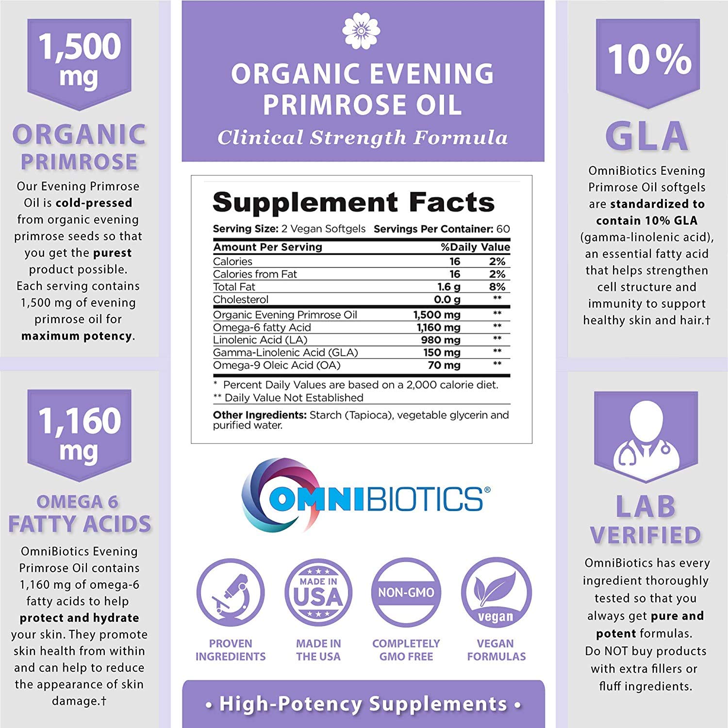 OmniBiotics Cold-Pressed Primrose Oil bottle focus emphasizing purity and potency.