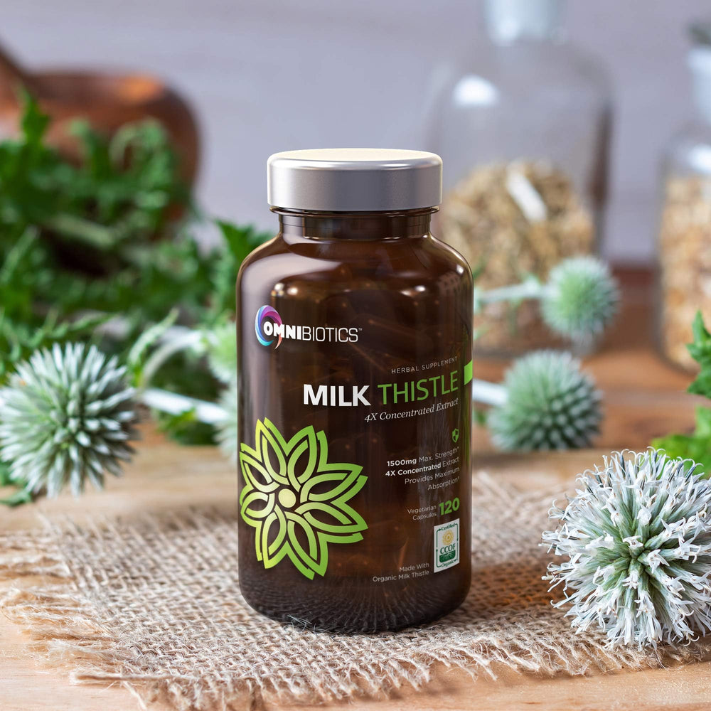 OmniBiotics Milk Thistle bottle pour demonstrates easy daily dosage.