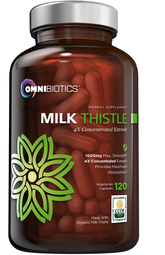 OmniBiotics Organic Milk Thistle 1500mg bottle with 4x concentrated extract