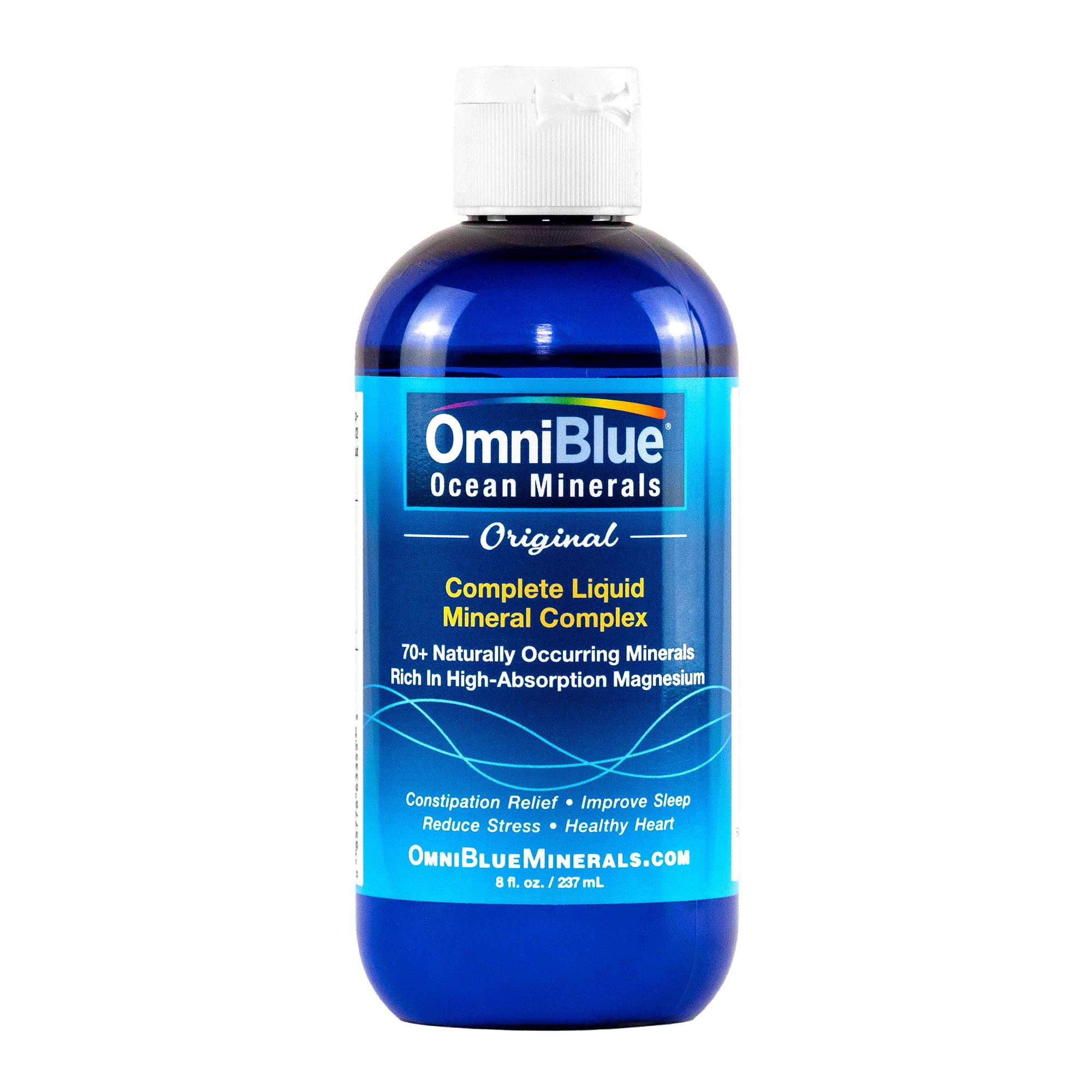 OmniBlue Ocean Minerals bottle with label on white background