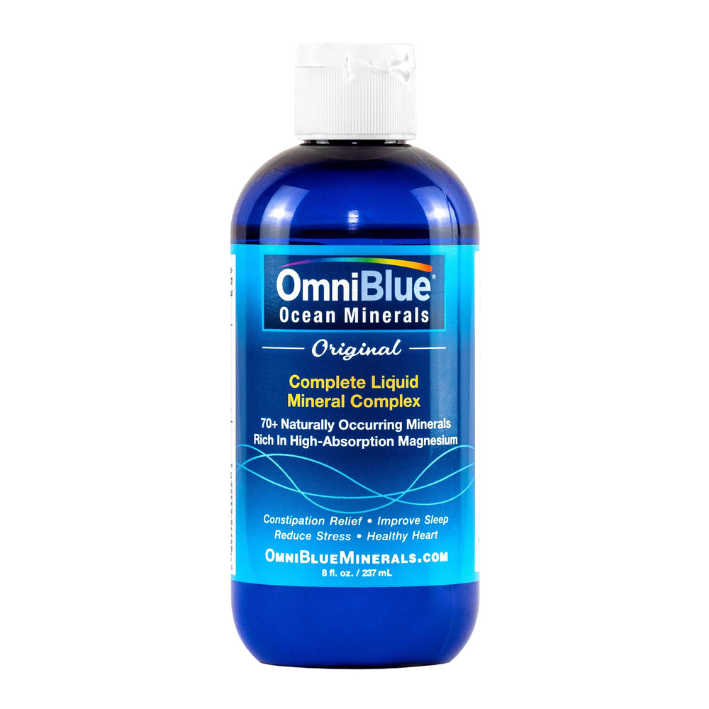 OmniBlue Ocean Minerals bottle with label on white background