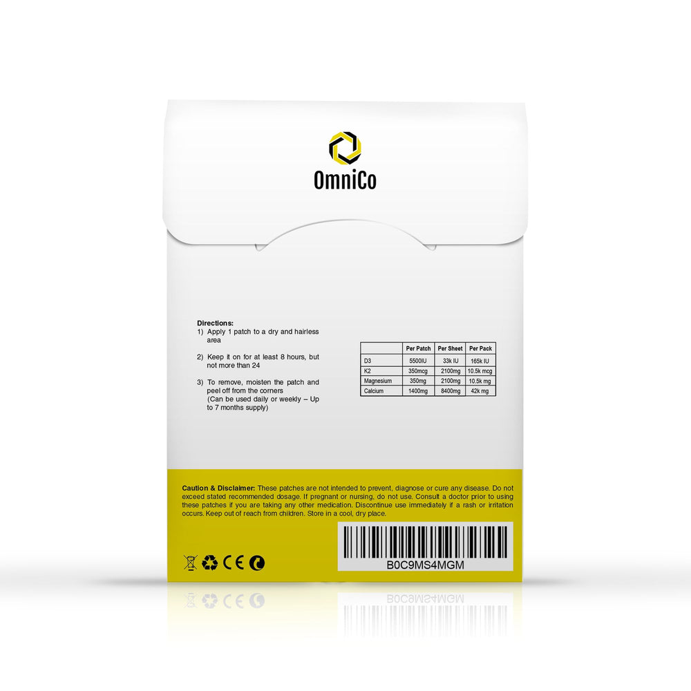 Travel-ready packaging of OmniCo D3 + K2 + Calcium Patches