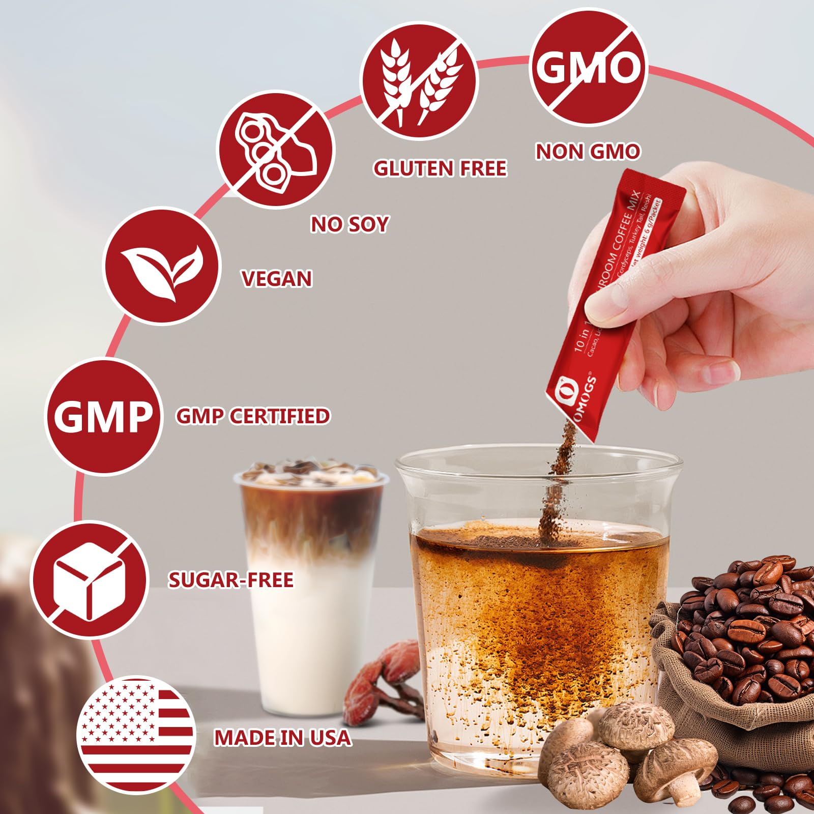 Packaging showing 30 servings of OMOGS Mushroom Coffee